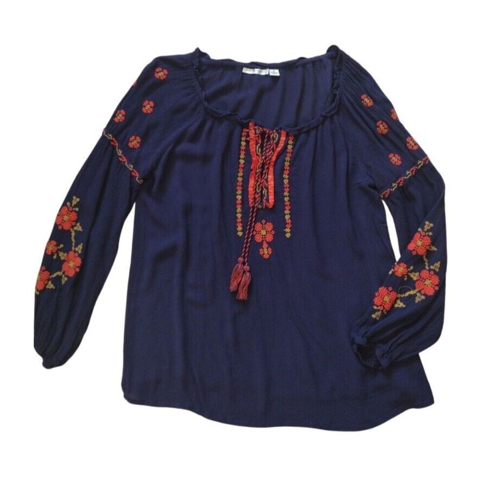 John Paul Richard Blouse Women S Navy Boho Top Long Sleeve Embroidered Orange